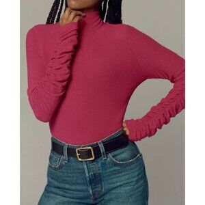 Anthropologie Ruched-Sleeve Turtleneck Top Raspberry Size S Womens Knit Pullover
